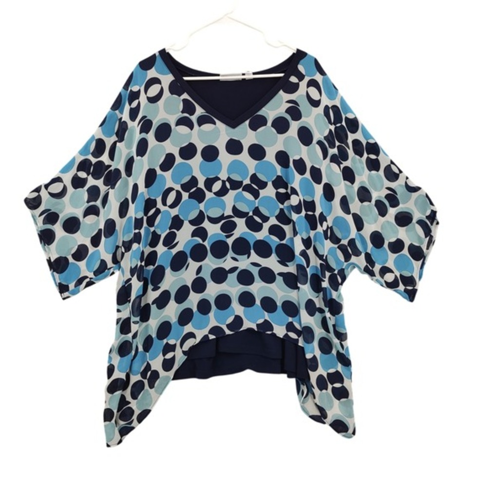 Susan Graver Women Mod Retro Poncho Top 2XP Blue Polka Dot Layered Sharkbite Hem